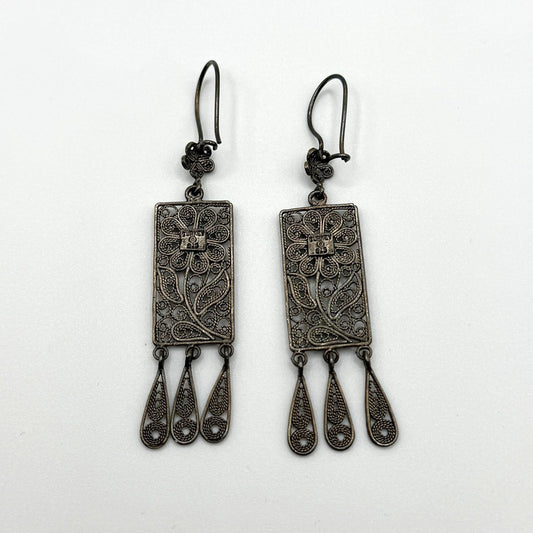 Turkish 925 Sterling Silver Rectangular Filigree Dangle Earrings Floral Design & Teardrop Accents