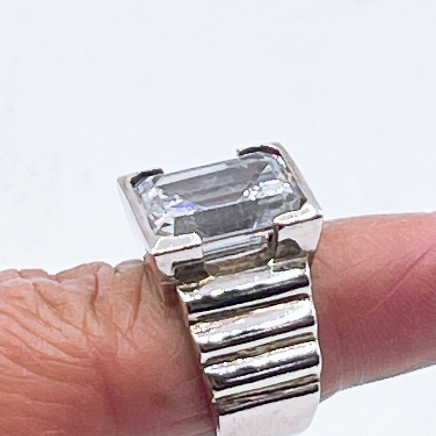 Vintage Sterling Silver Ring With Emerald Cut Clear Stone Size 6