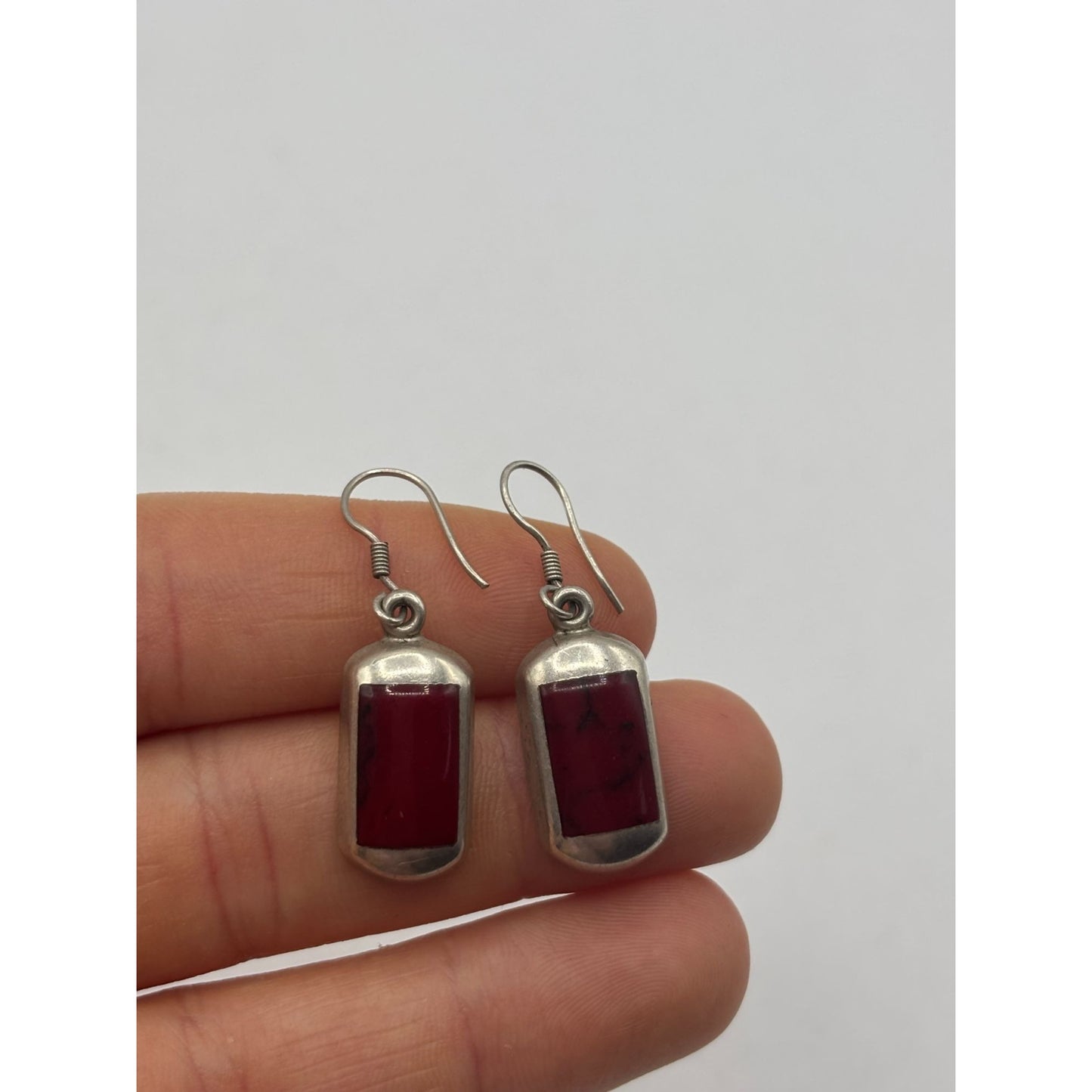 Sterling 925 Silver & Red Stone Drop Earrings