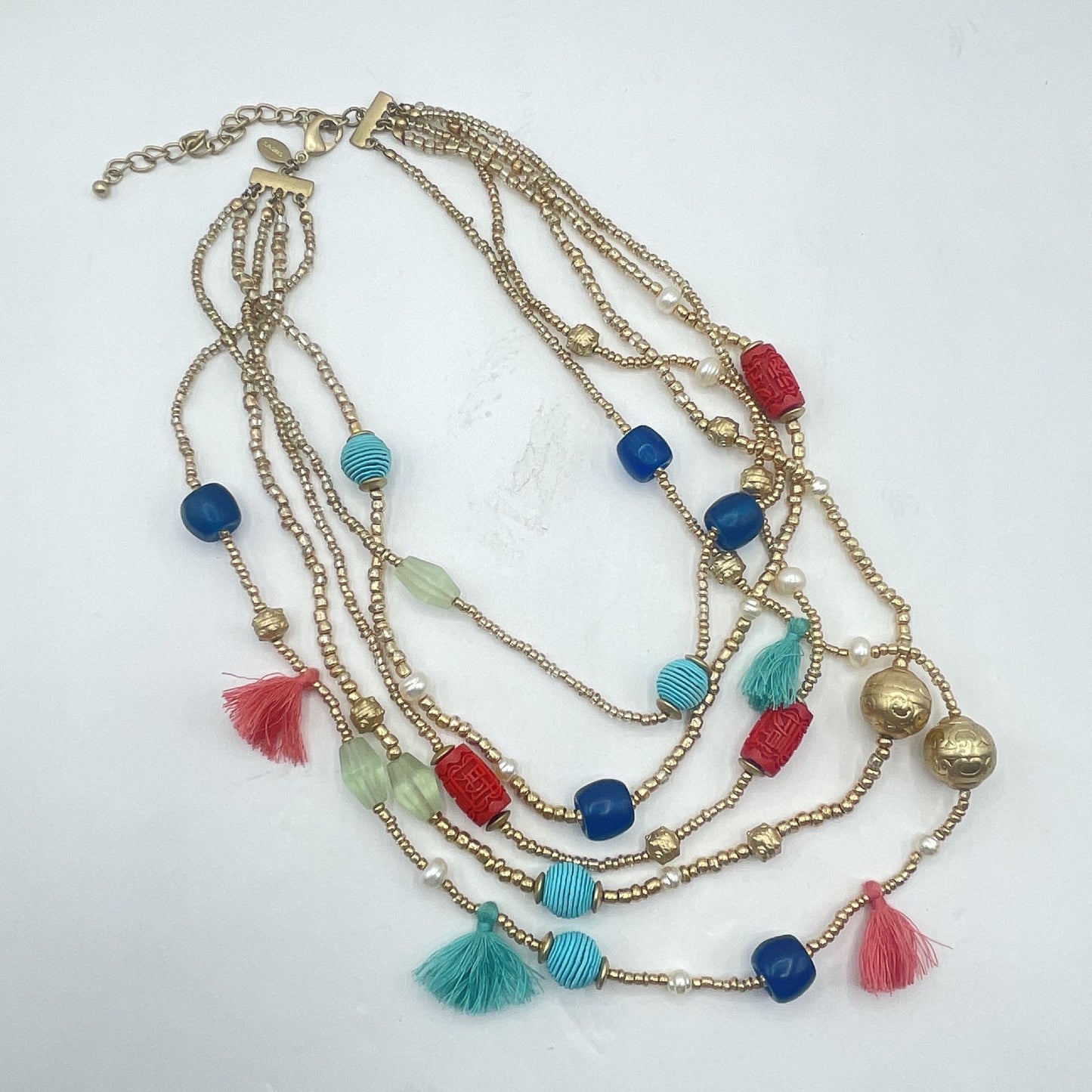 Chico's Colorful Multi-Strand Beaded Necklace With Tassels & Adjustable Gold Chain