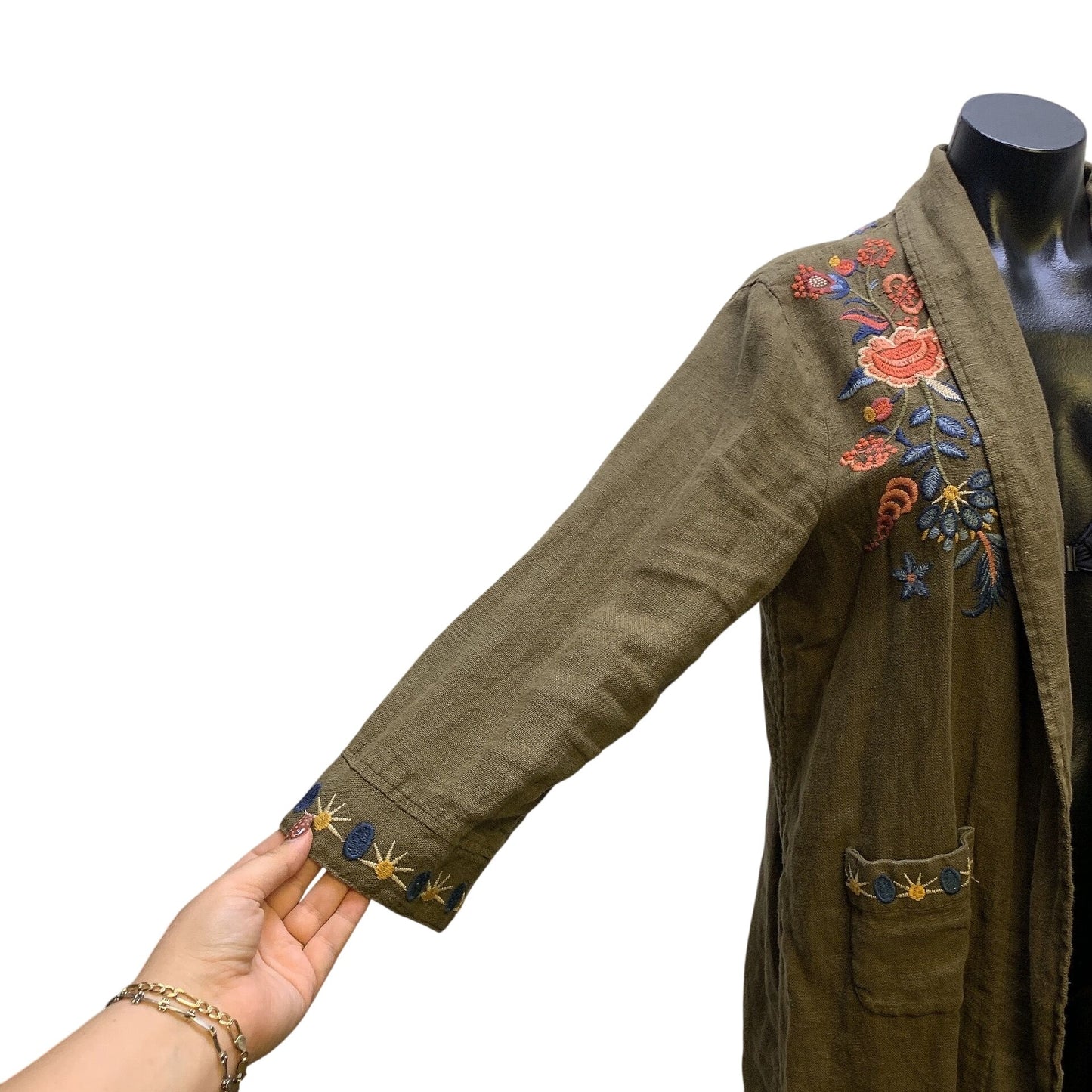 Johnny Was Embroidered Open Front Linen Blend Cardi Olive Green L