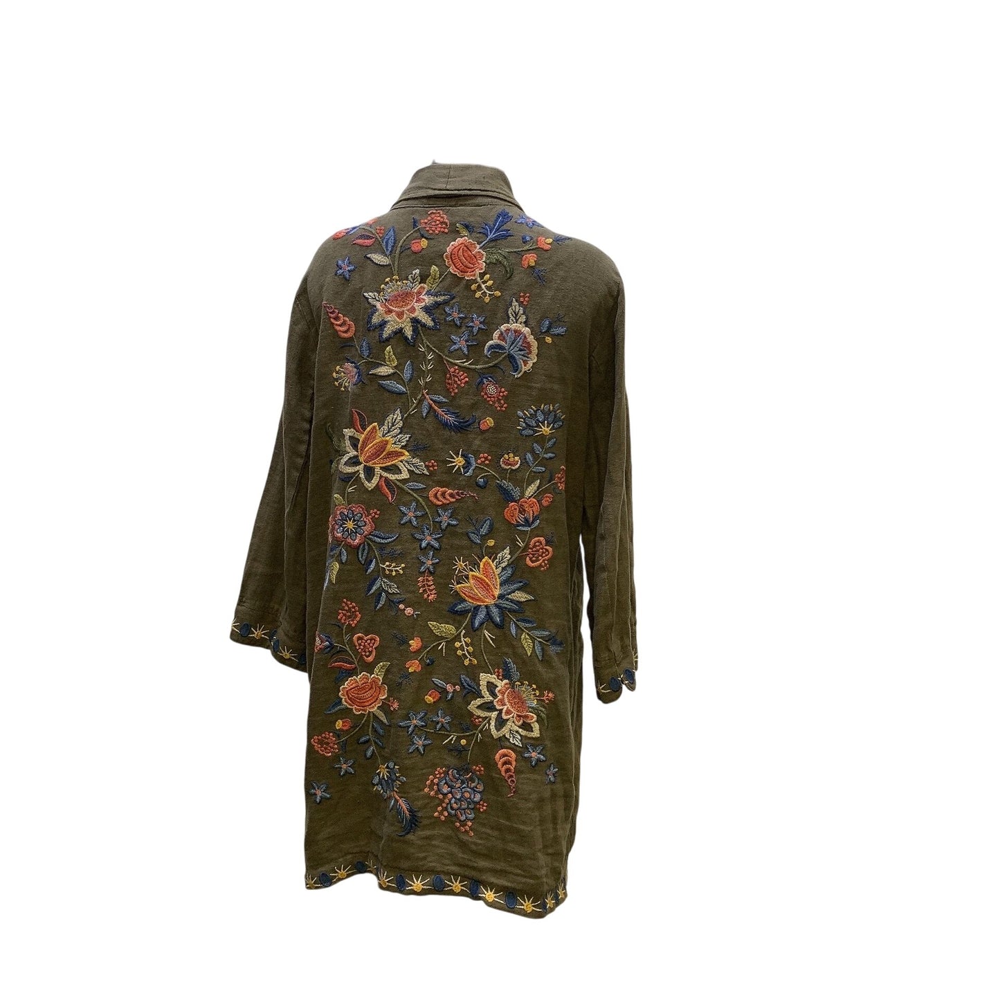 Johnny Was Embroidered Open Front Linen Blend Cardi Olive Green L