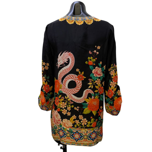 Johnny Was Blouse Black Silk Floral & Dragon Print XS