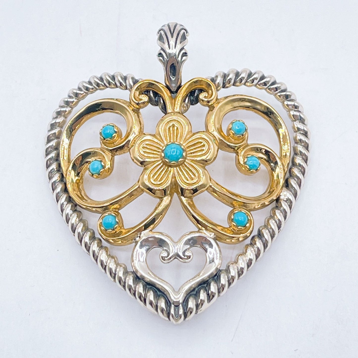 Carolyn Pollack 925 Sterling Silver & Brass Heart Pendant Turquoise Accents Large
