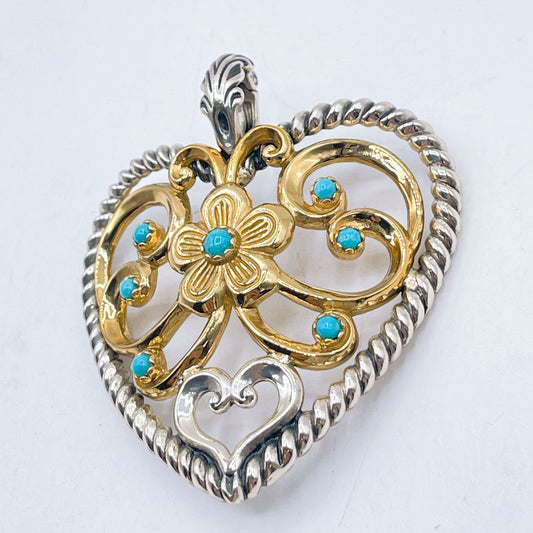 Carolyn Pollack 925 Sterling Silver & Brass Heart Pendant Turquoise Accents Large