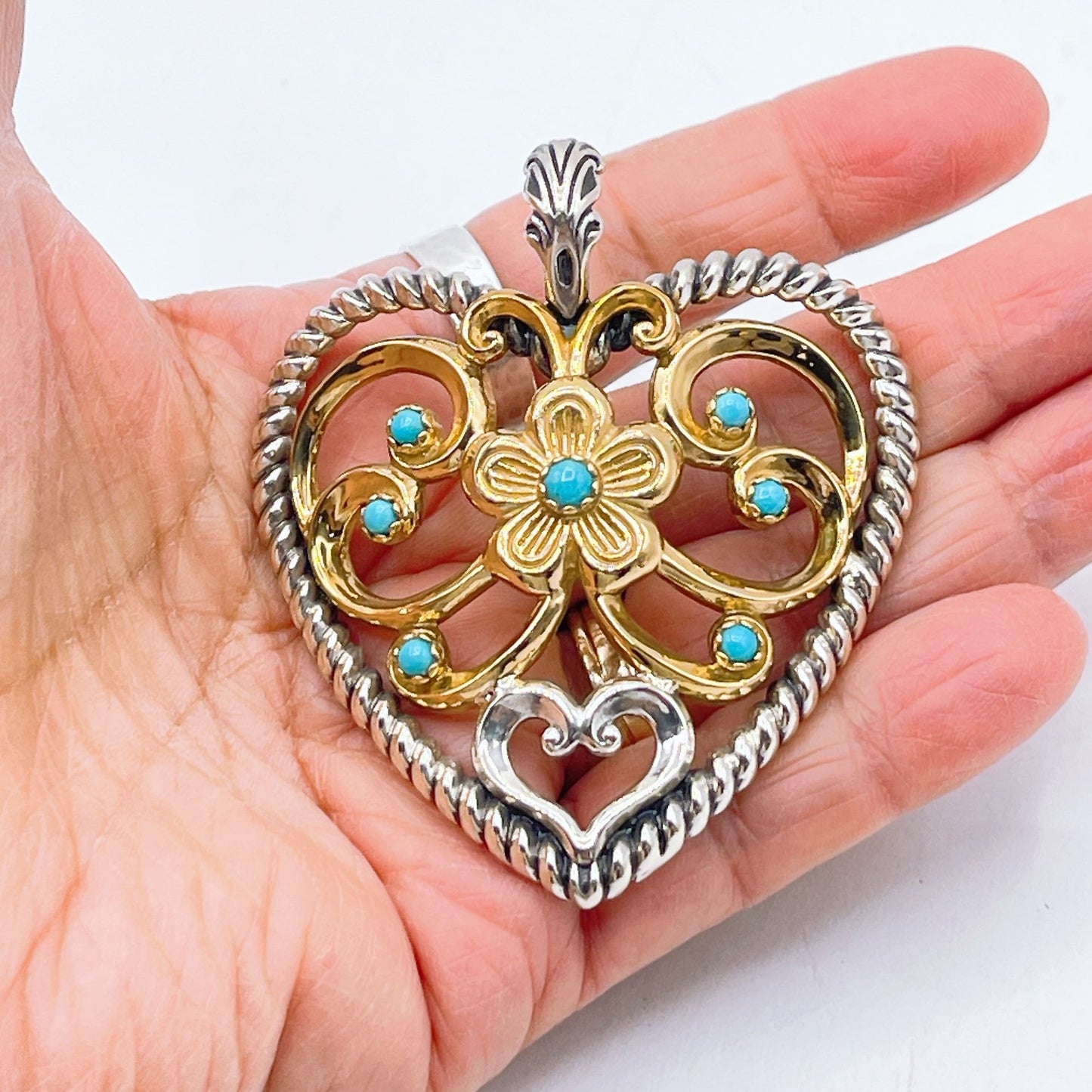 Carolyn Pollack 925 Sterling Silver & Brass Heart Pendant Turquoise Accents Large
