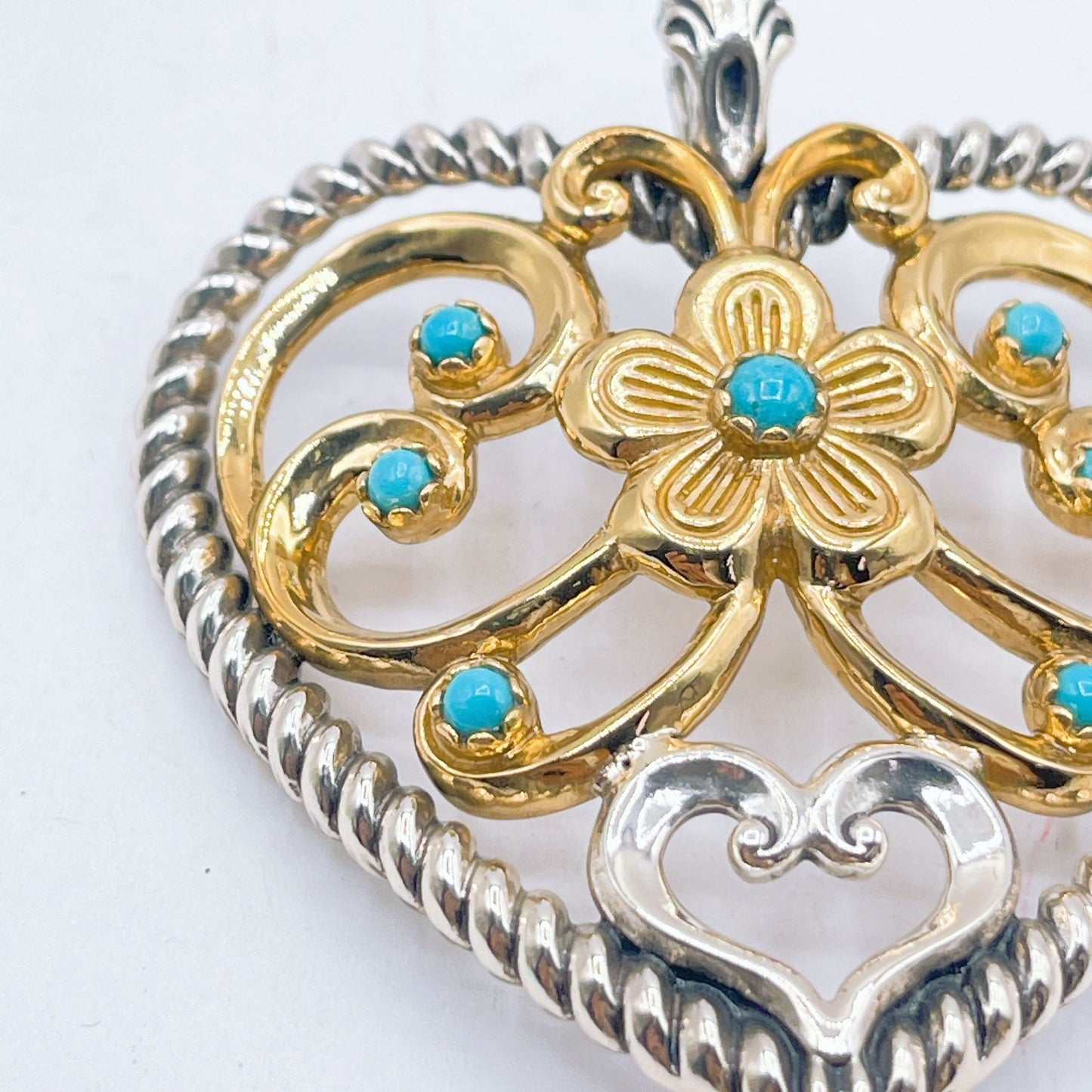 Carolyn Pollack 925 Sterling Silver & Brass Heart Pendant Turquoise Accents Large