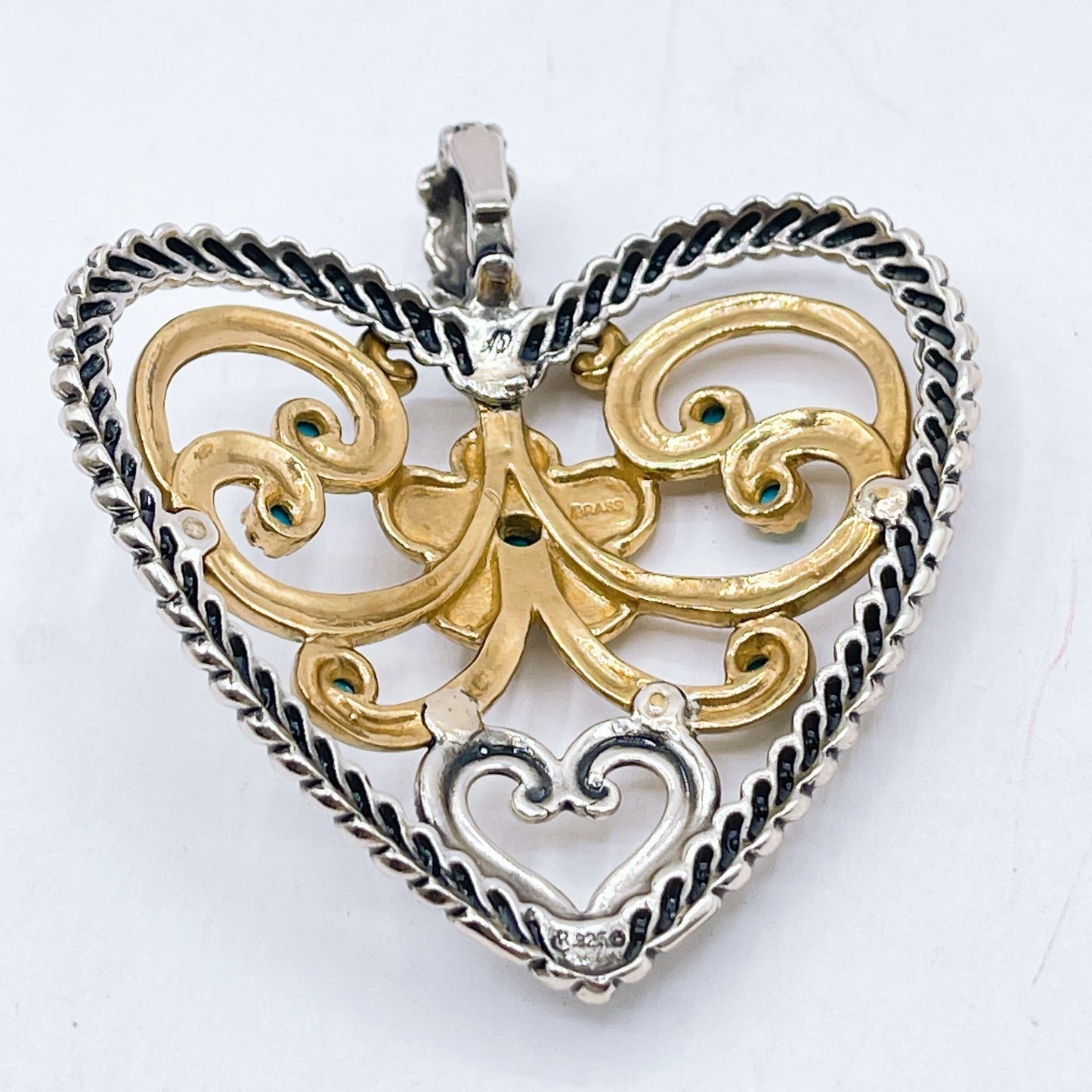 Carolyn Pollack 925 Sterling Silver & Brass Heart Pendant Turquoise Accents Large
