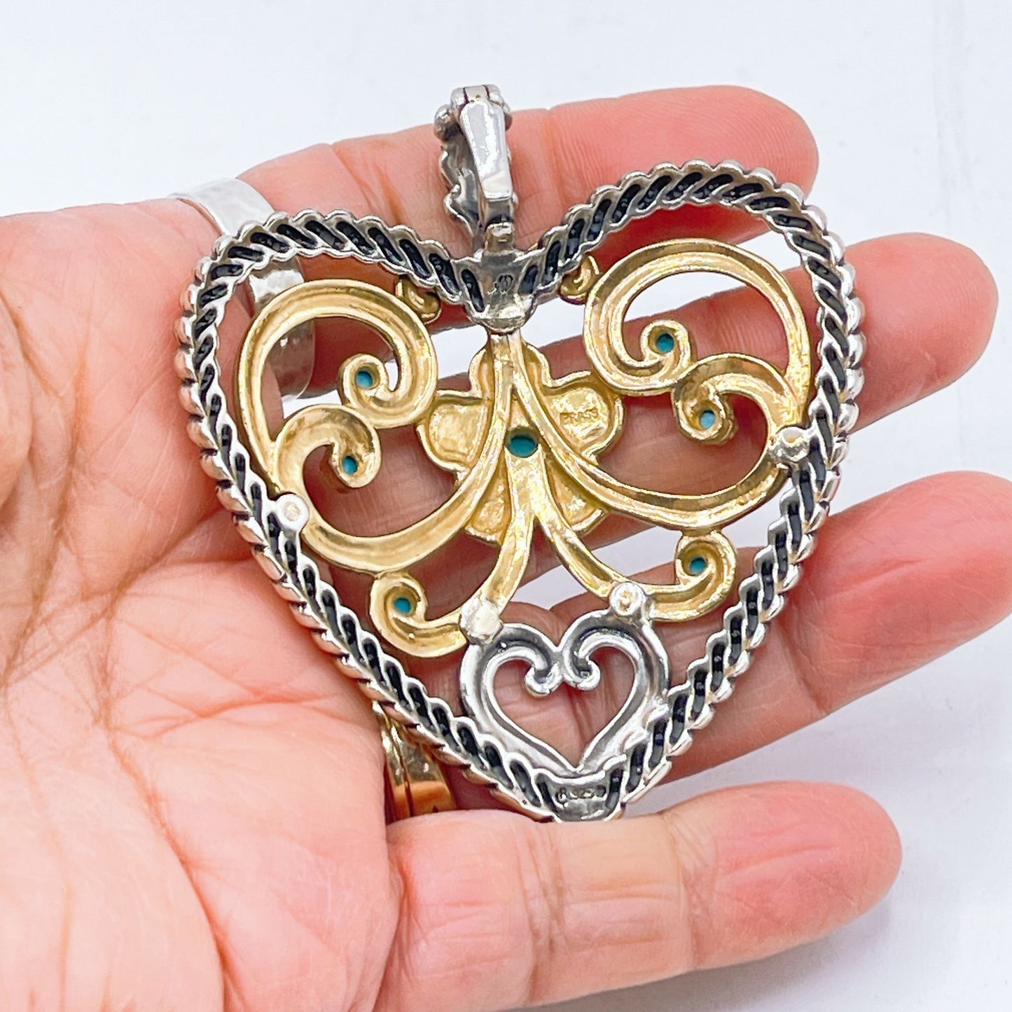 Carolyn Pollack 925 Sterling Silver & Brass Heart Pendant Turquoise Accents Large