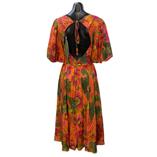 Farm Rio Orange Midi Dress Floral Pattern V-Neckline Puff Sleeves Open Back M