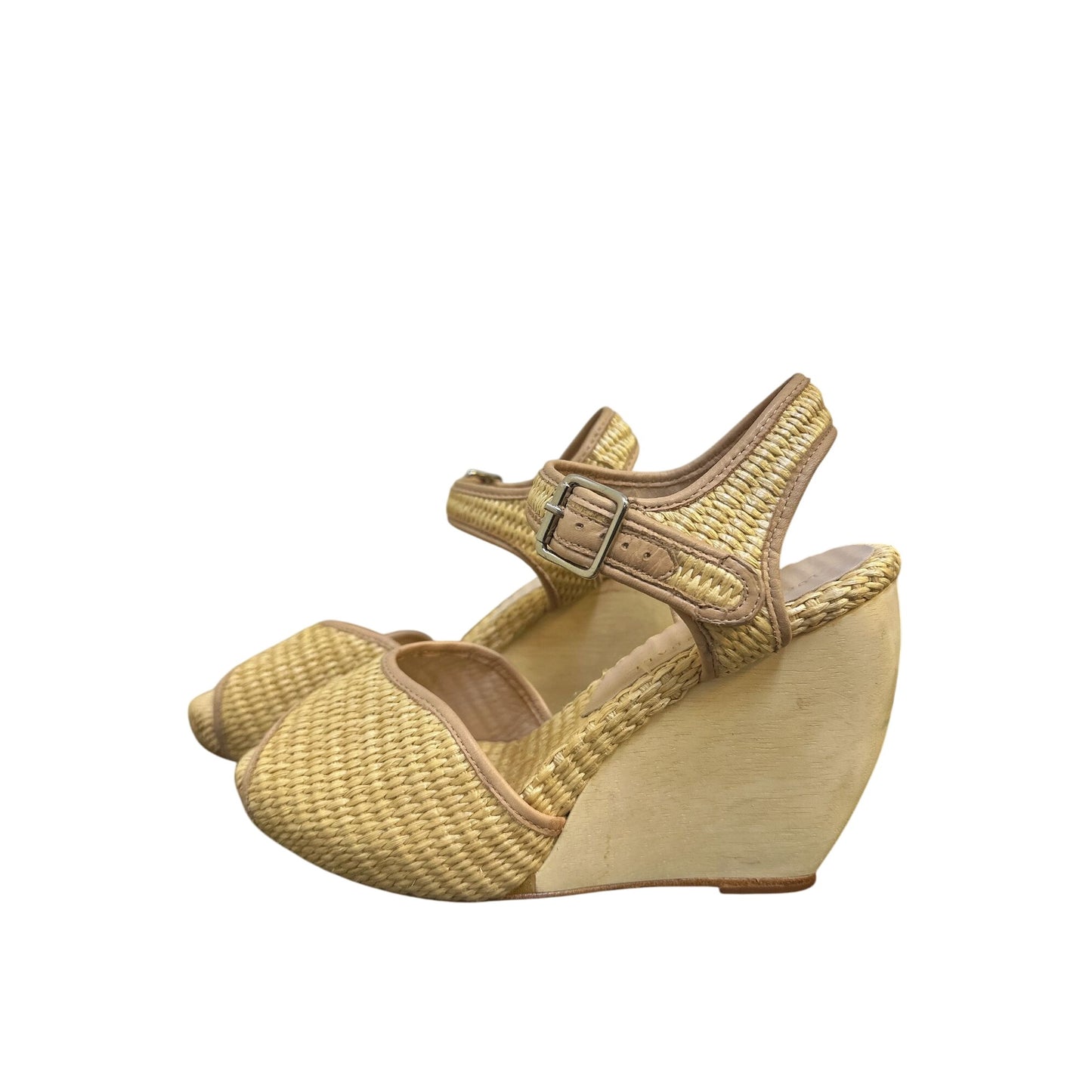 Loeffler Randall Vintage Woven Straw & Leather Peep-Toe Valentine Wedge Heels