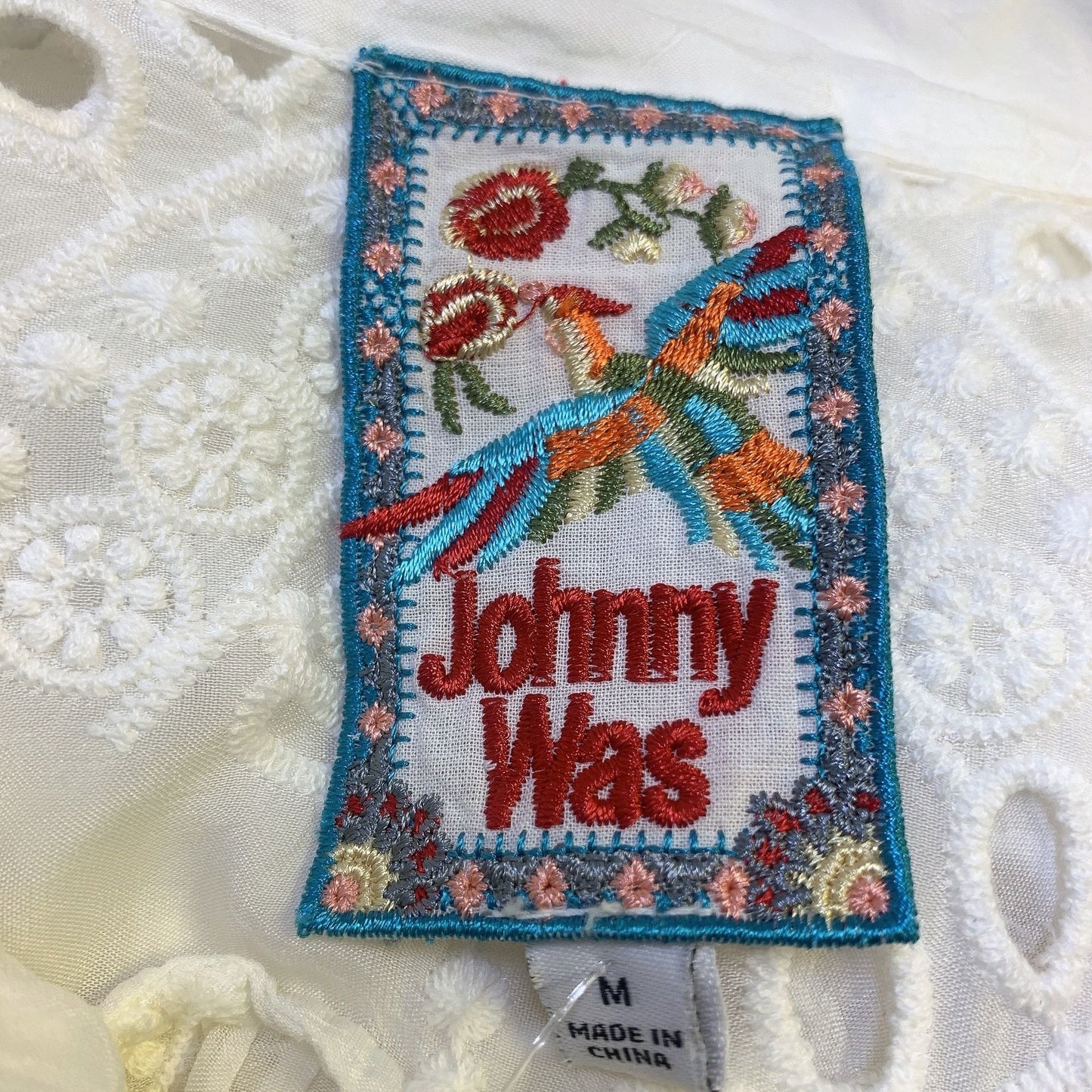 Johnny Was White Embroidered Eyelet Button Up Blouse M