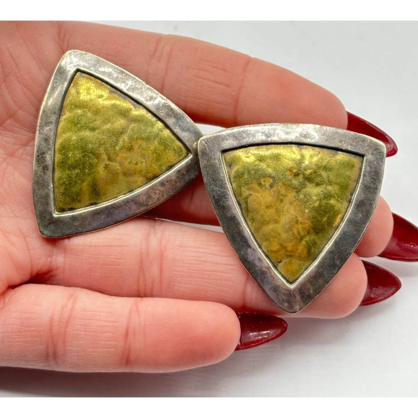 Jeep Collins Retired Hammered 925 Brass Clip-On Earrings Triangle Shape