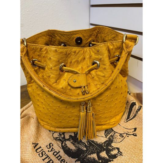 Louis Cardini BMOF Buttercup Ostrich Leather Drawstring Bucket Bag Tassels Handbag M