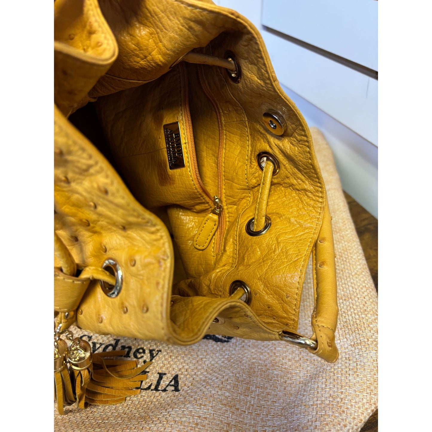 Louis Cardini BMOF Buttercup Ostrich Leather Drawstring Bucket Bag Tassels Handbag M