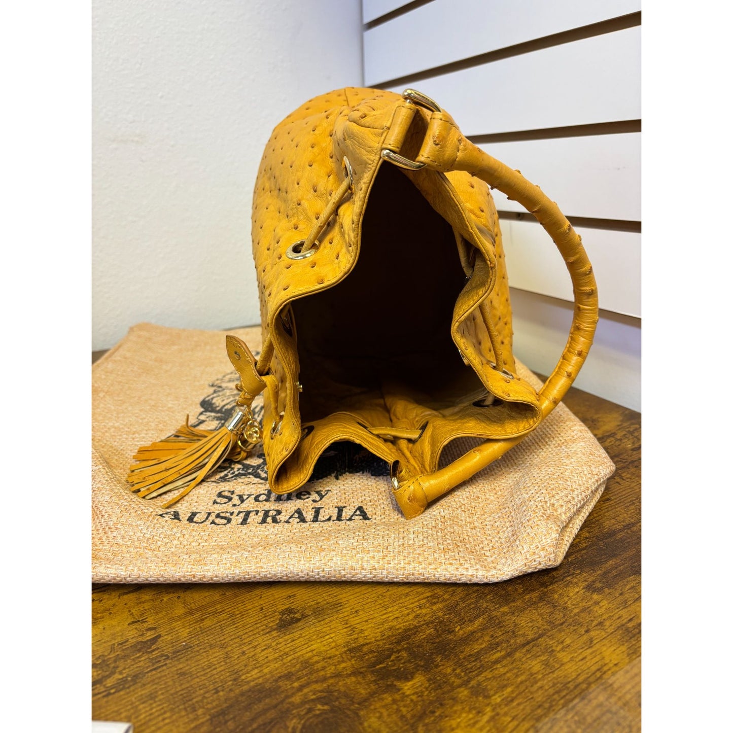 Louis Cardini BMOF Buttercup Ostrich Leather Drawstring Bucket Bag Tassels Handbag M