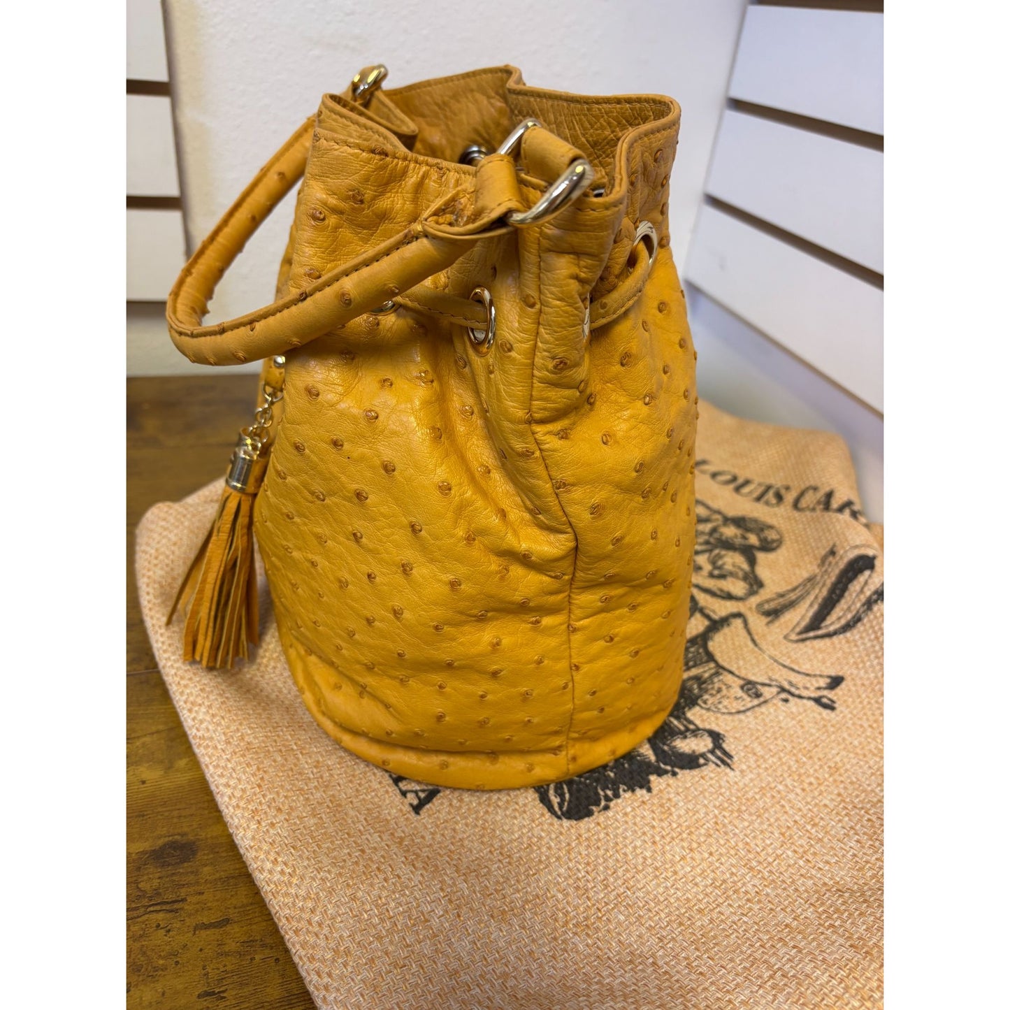 Louis Cardini BMOF Buttercup Ostrich Leather Drawstring Bucket Bag Tassels Handbag M