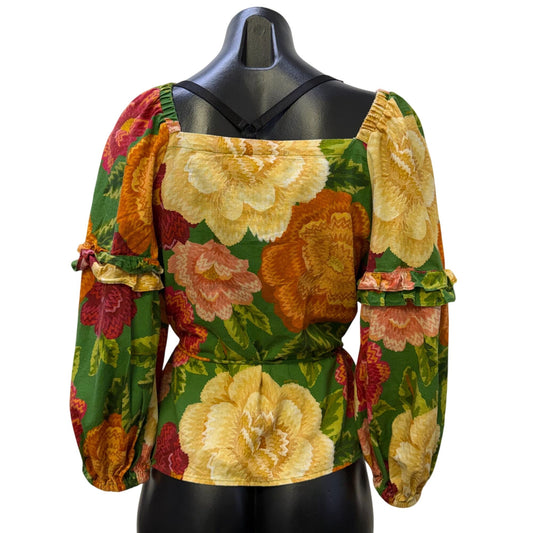Farm Rio For Anthropologie Floral Wrap Blouse With Tie Waist & Long Sleeves S