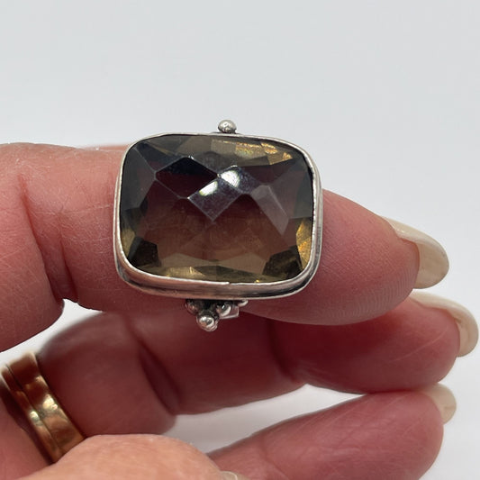 Vintage 925 Sterling Silver Faceted Brown Glass Stone Ring 6.5