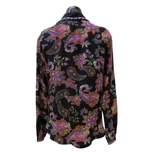 Johnny Was Black Silk Embroidered Floral Button Down Blouse XS