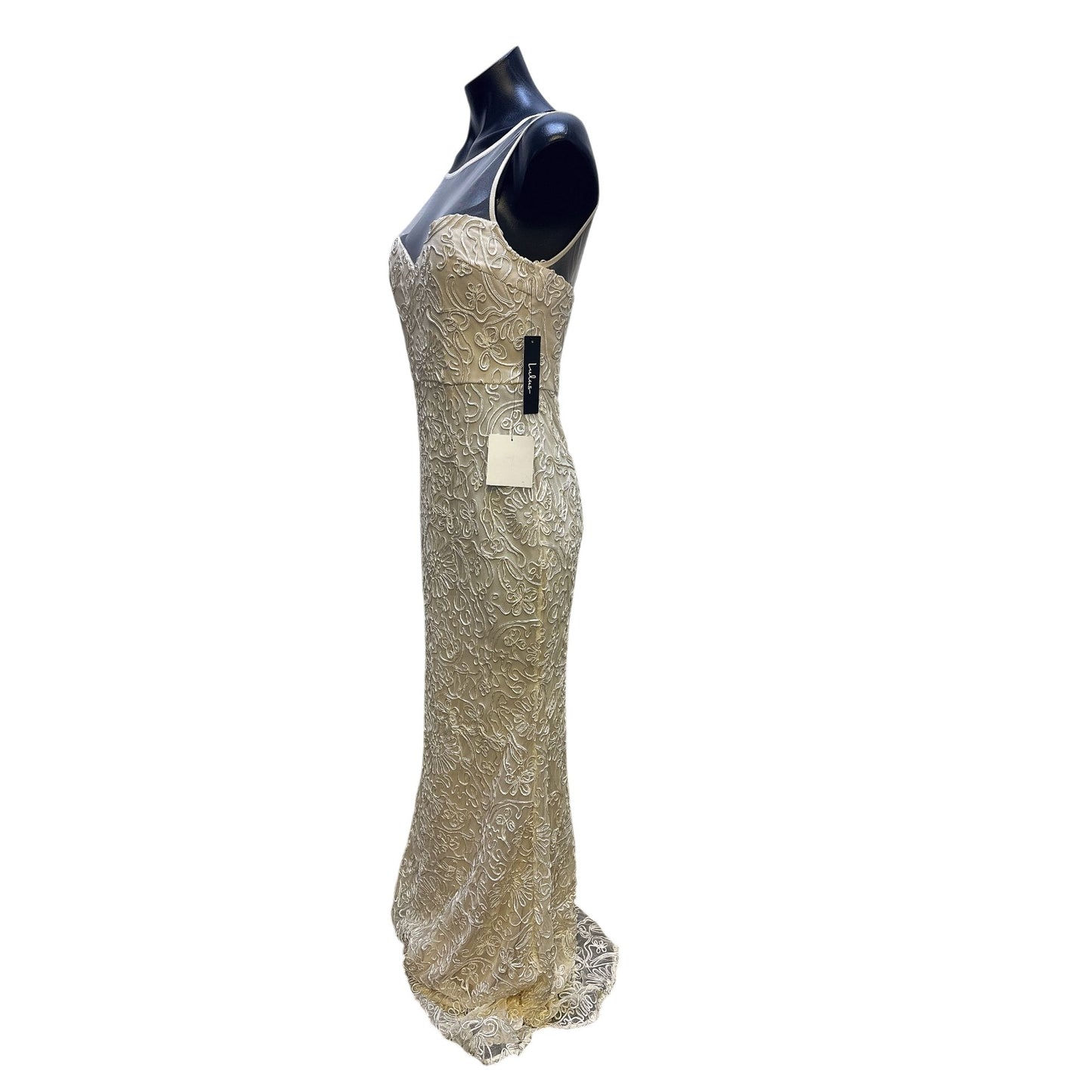NWT Lulu Ivory Floral Lace Sleeveless Formal Gown w/Sheer Back Size M