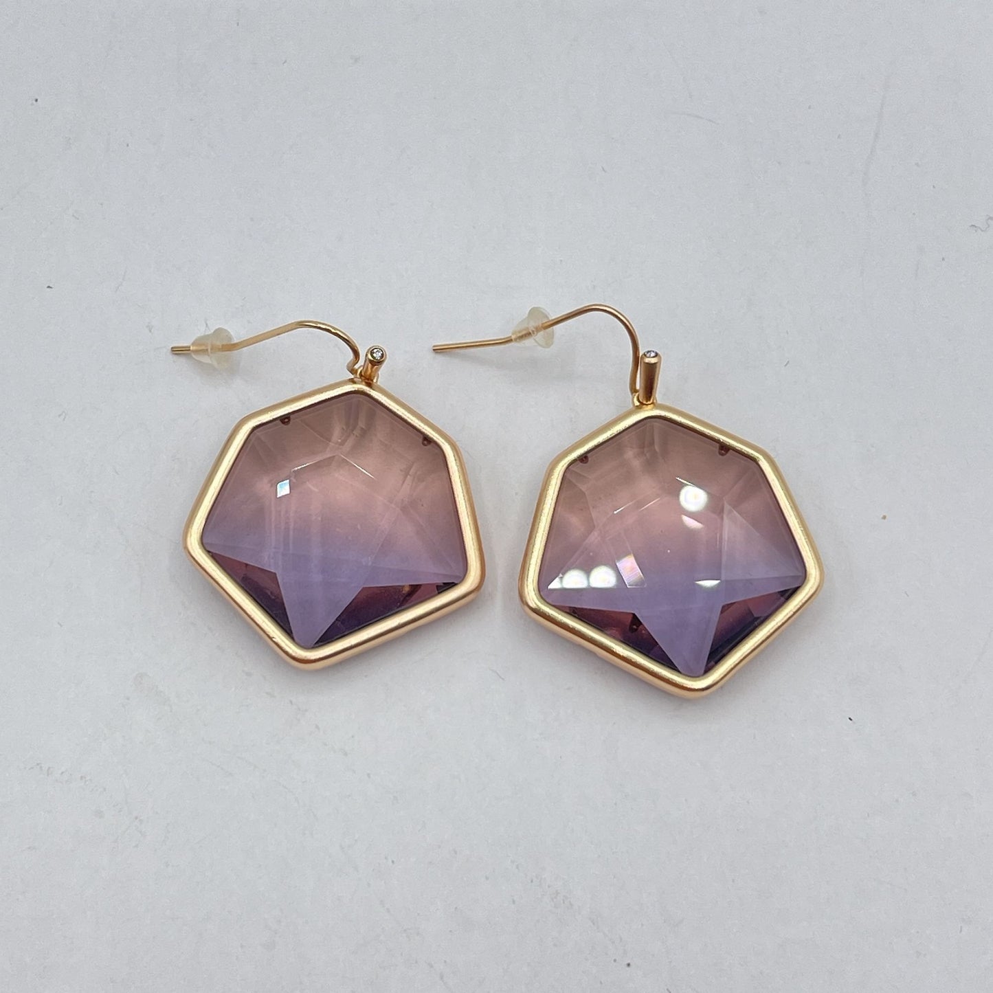 Kendra Scott Hexagon Rose Quartz Drop Earrings Gold Plated Dangle Hook