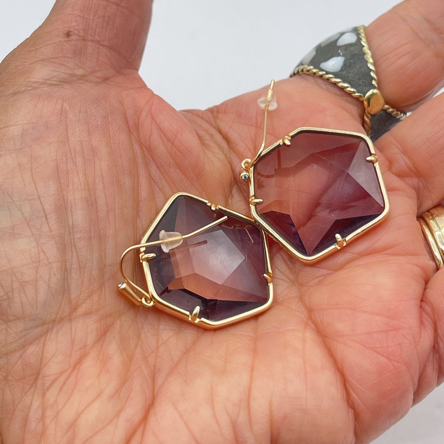 Kendra Scott Hexagon Rose Quartz Drop Earrings Gold Plated Dangle Hook