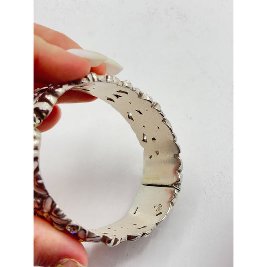 Brighton Silver Floral Daisy Hinged Bracelet With Yellow & White Rhinestones