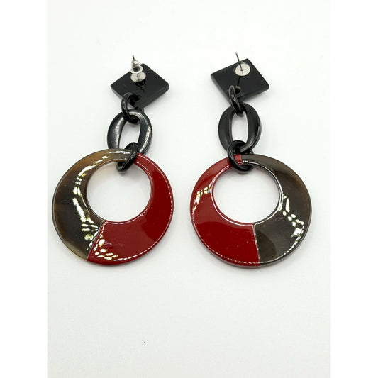 Retro Acrylic Dangle Earrings Black Backing & Red/Brown Circular Design