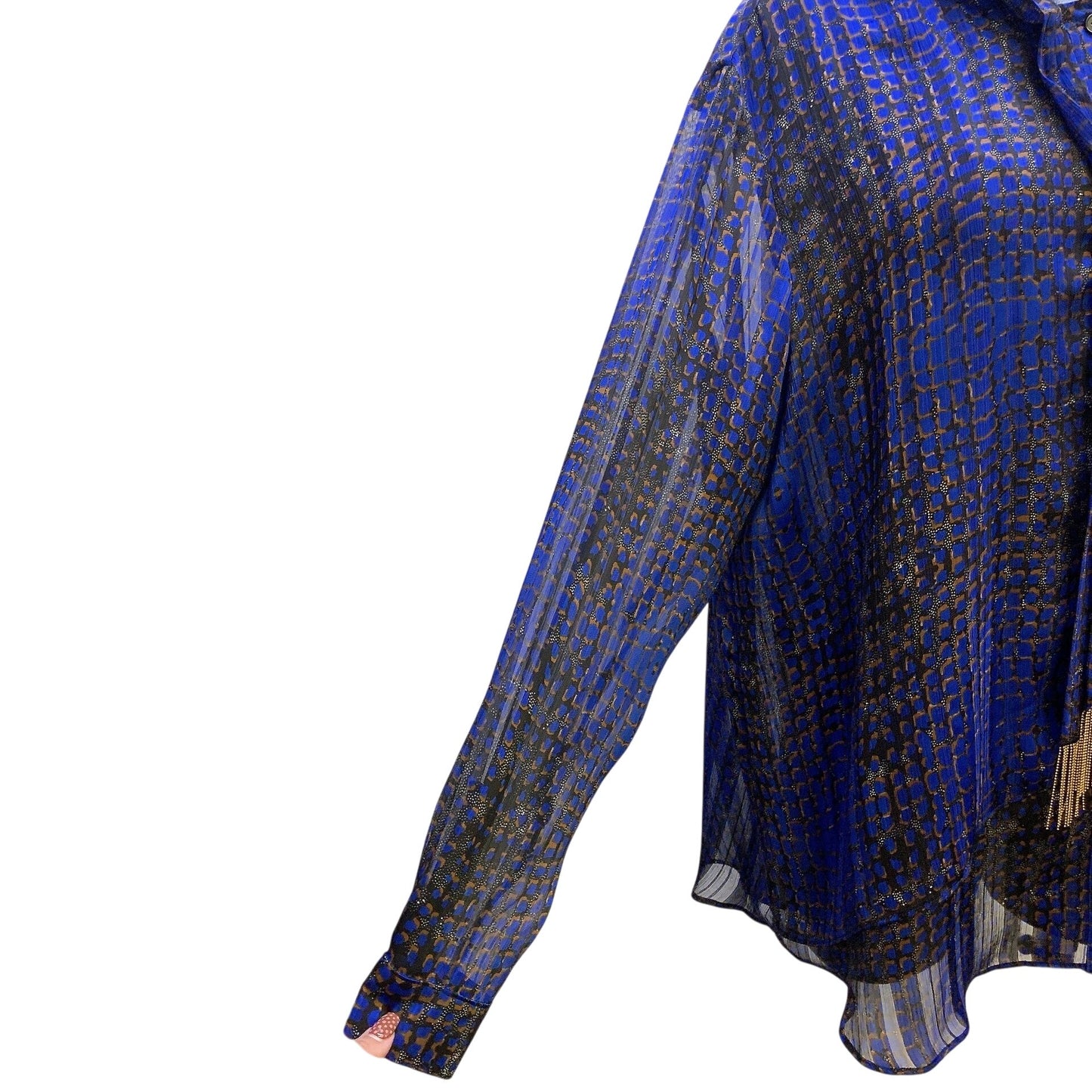 NWT Joseph Ribkoff Sheer Blue & Black Blouse w/Gold Fringe Detail Size 18