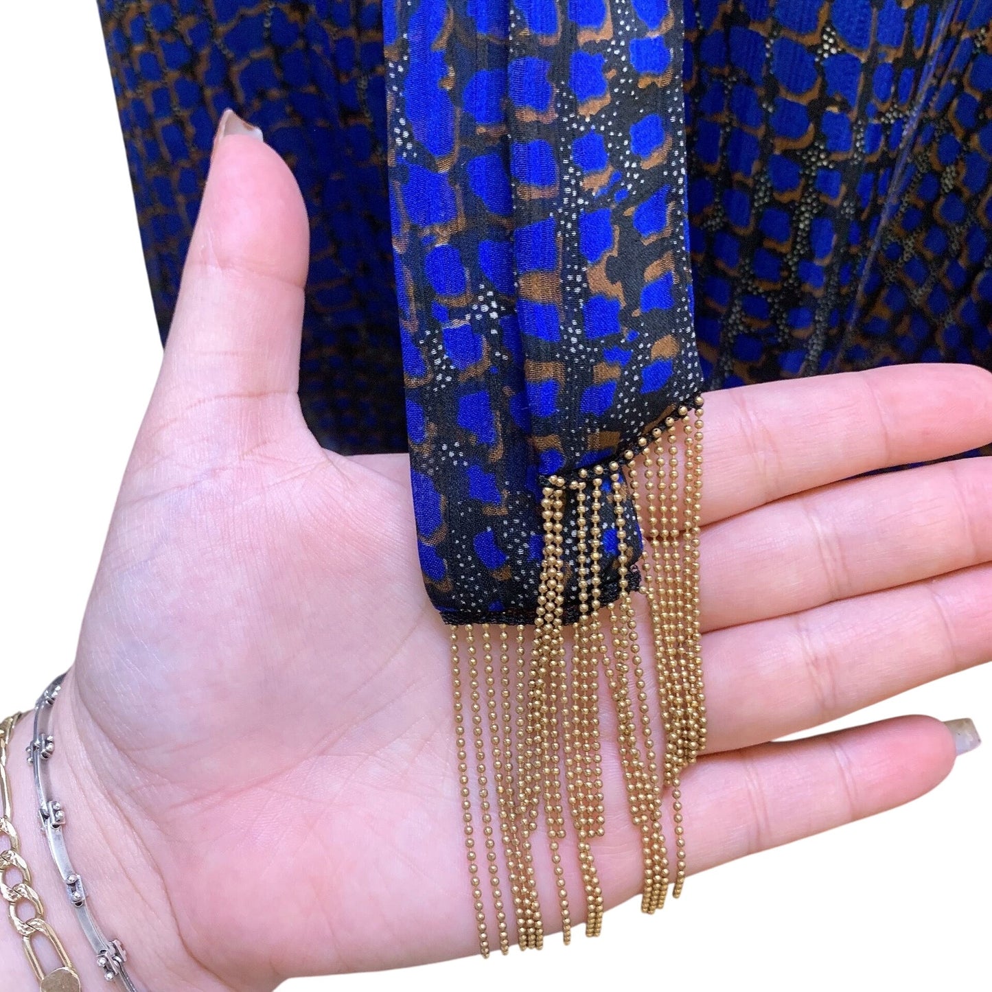 NWT Joseph Ribkoff Sheer Blue & Black Blouse w/Gold Fringe Detail Size 18