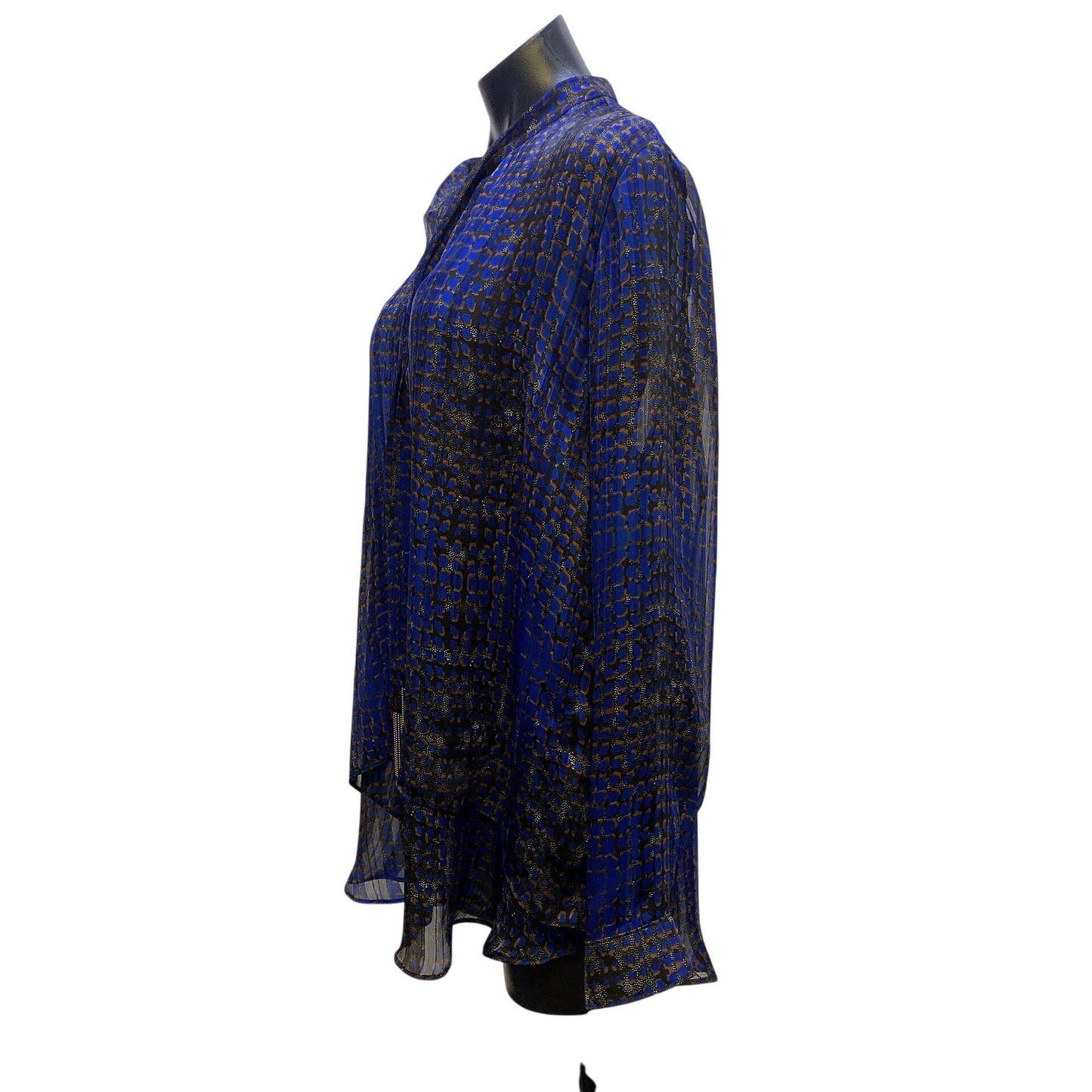 NWT Joseph Ribkoff Sheer Blue & Black Blouse w/Gold Fringe Detail Size 18