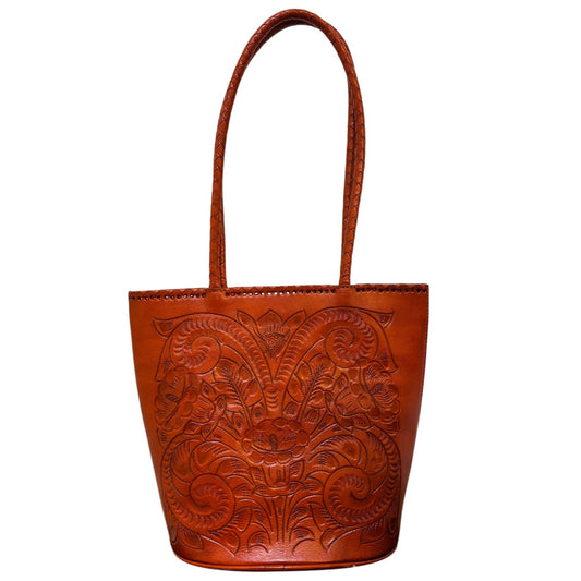 Alexis David Handcrafted Embossed Leather Shoulder Bag With Floral Design Orange