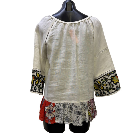 John Mark Linen Blouse With Embroidered Sleeves White Multi M