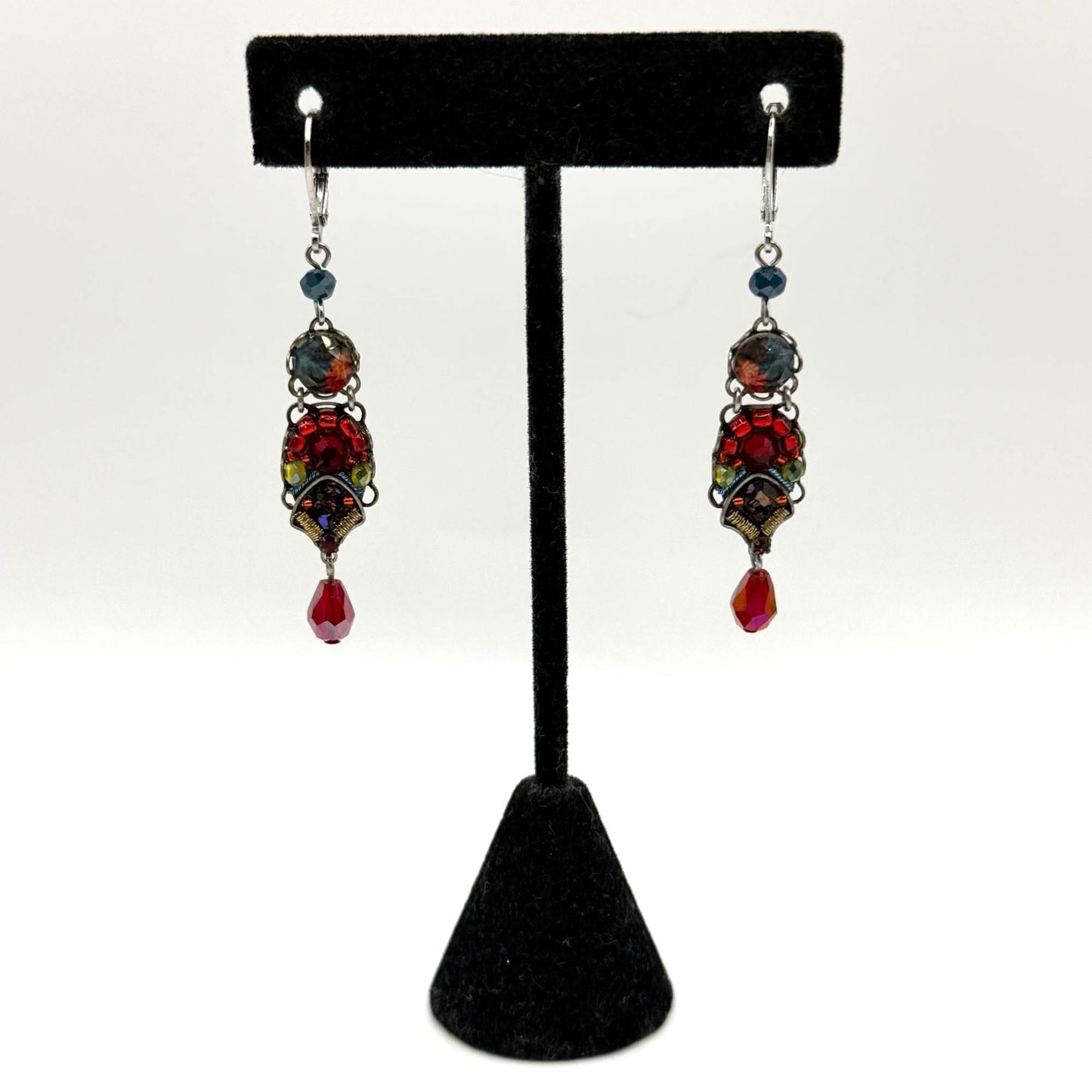 Ayla Bar Multi-Color Crystal Dangle Earrings Red Silver-Tone