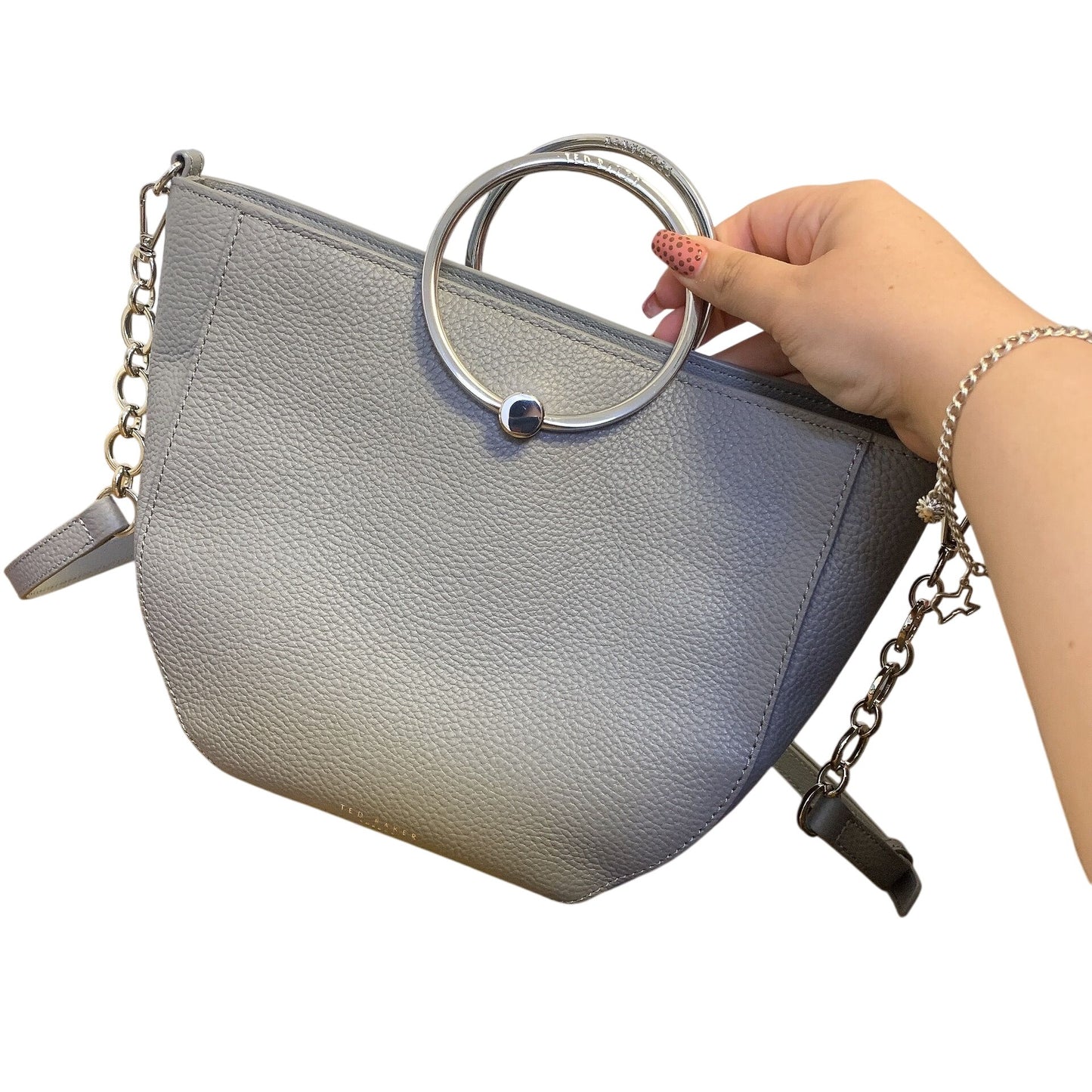 Ted Baker Grey Leather Crossbody Bag With Chain Strap & Metal Ring Detail