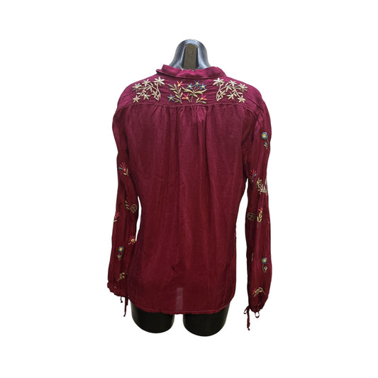 Johnny Was Burgundy Floral Embroidered Button-Up Blouse Size S