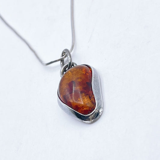 Sterling Silver Pendant Necklace With Genuine Amber Teardrop Design