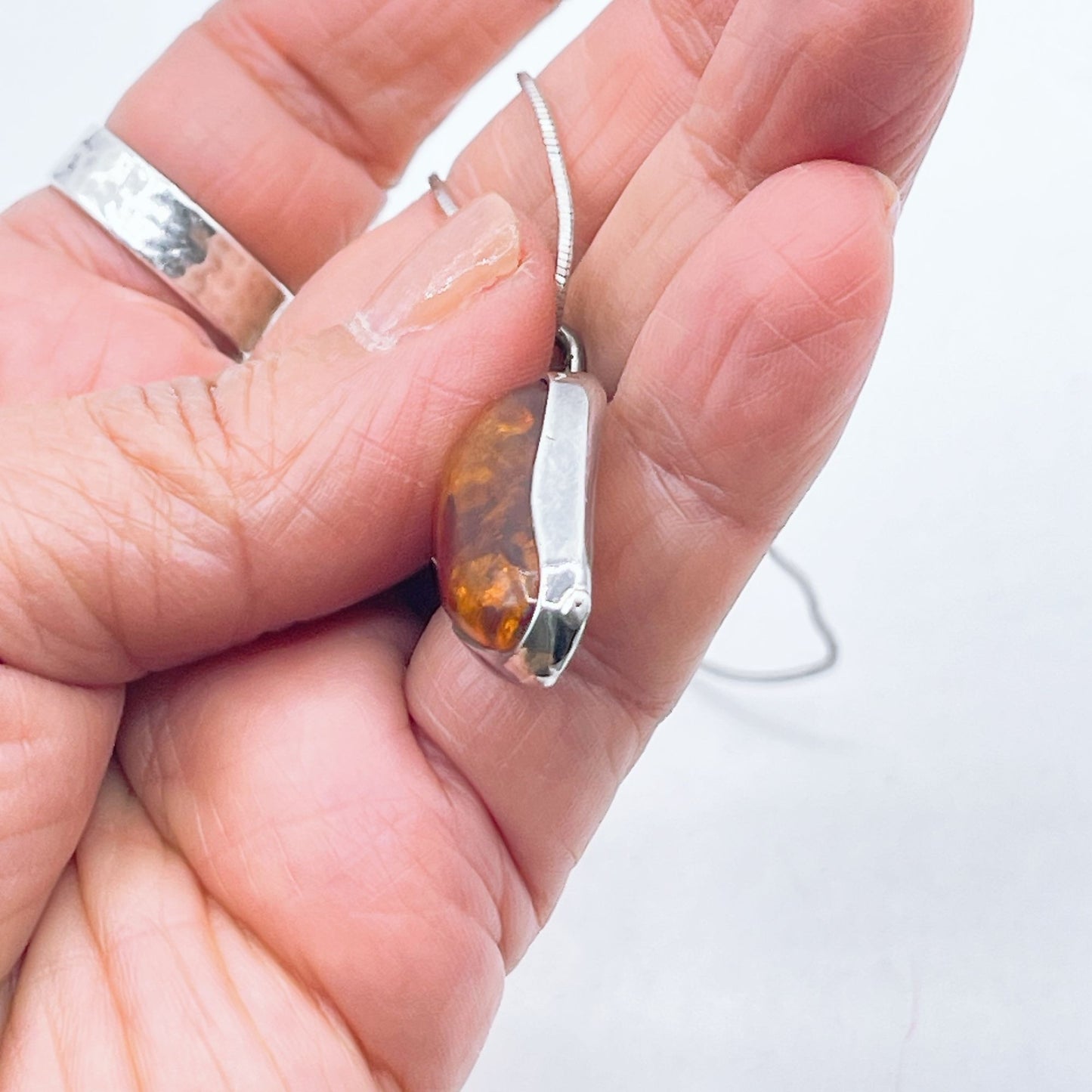 Sterling Silver Pendant Necklace With Genuine Amber Teardrop Design