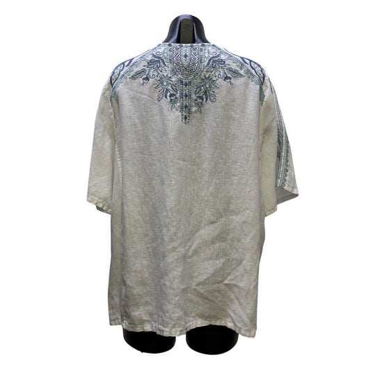 Johnny Was Linen Embroidered Tunic Blouse White & Blue XL
