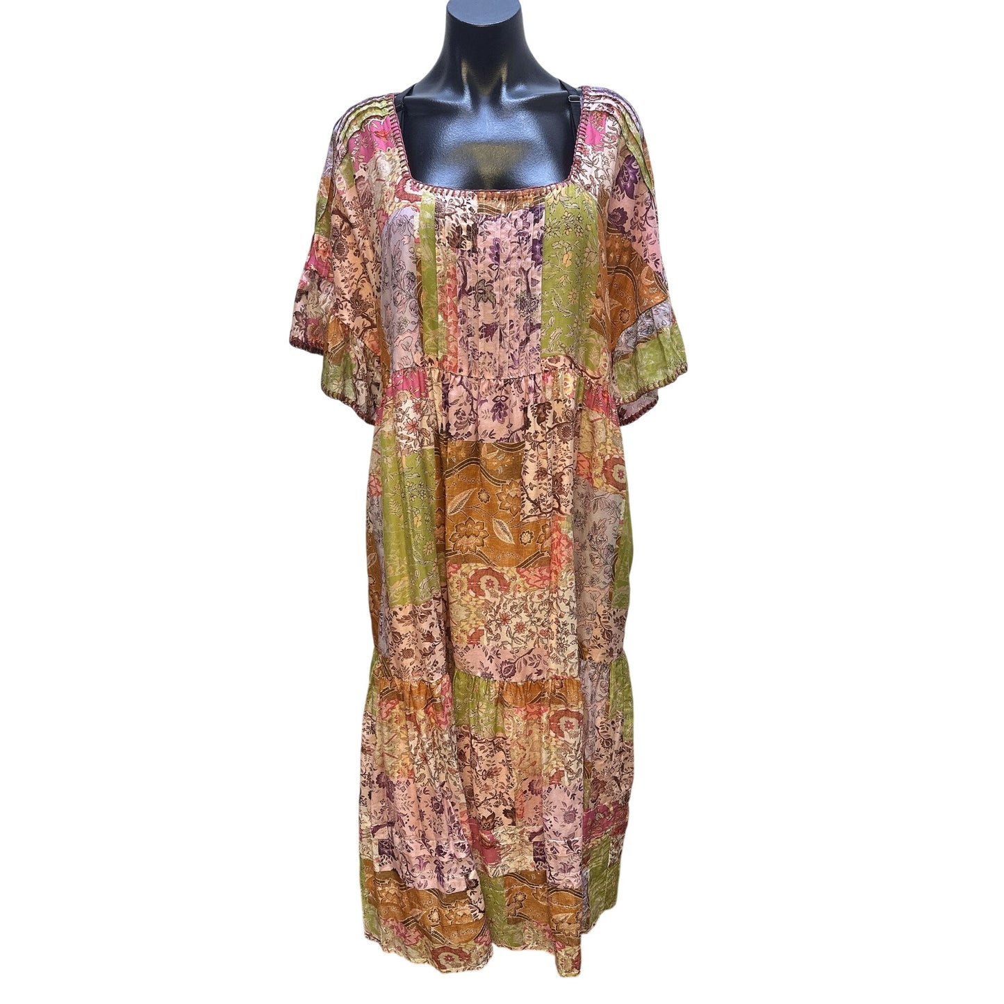 Johnny Was Boho Multicolor Floral Patchwork Maxi Dress w/Flutter Sleeves Size L