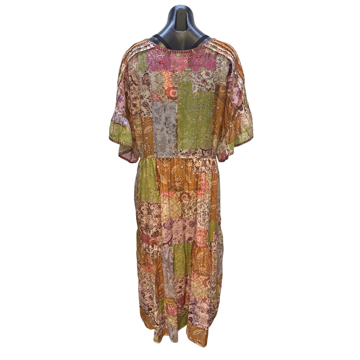Johnny Was Boho Multicolor Floral Patchwork Maxi Dress w/Flutter Sleeves Size L