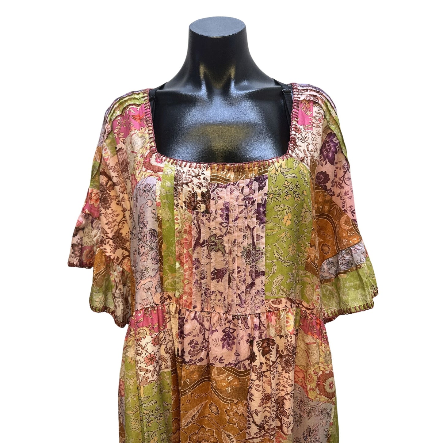 Johnny Was Boho Multicolor Floral Patchwork Maxi Dress w/Flutter Sleeves Size L