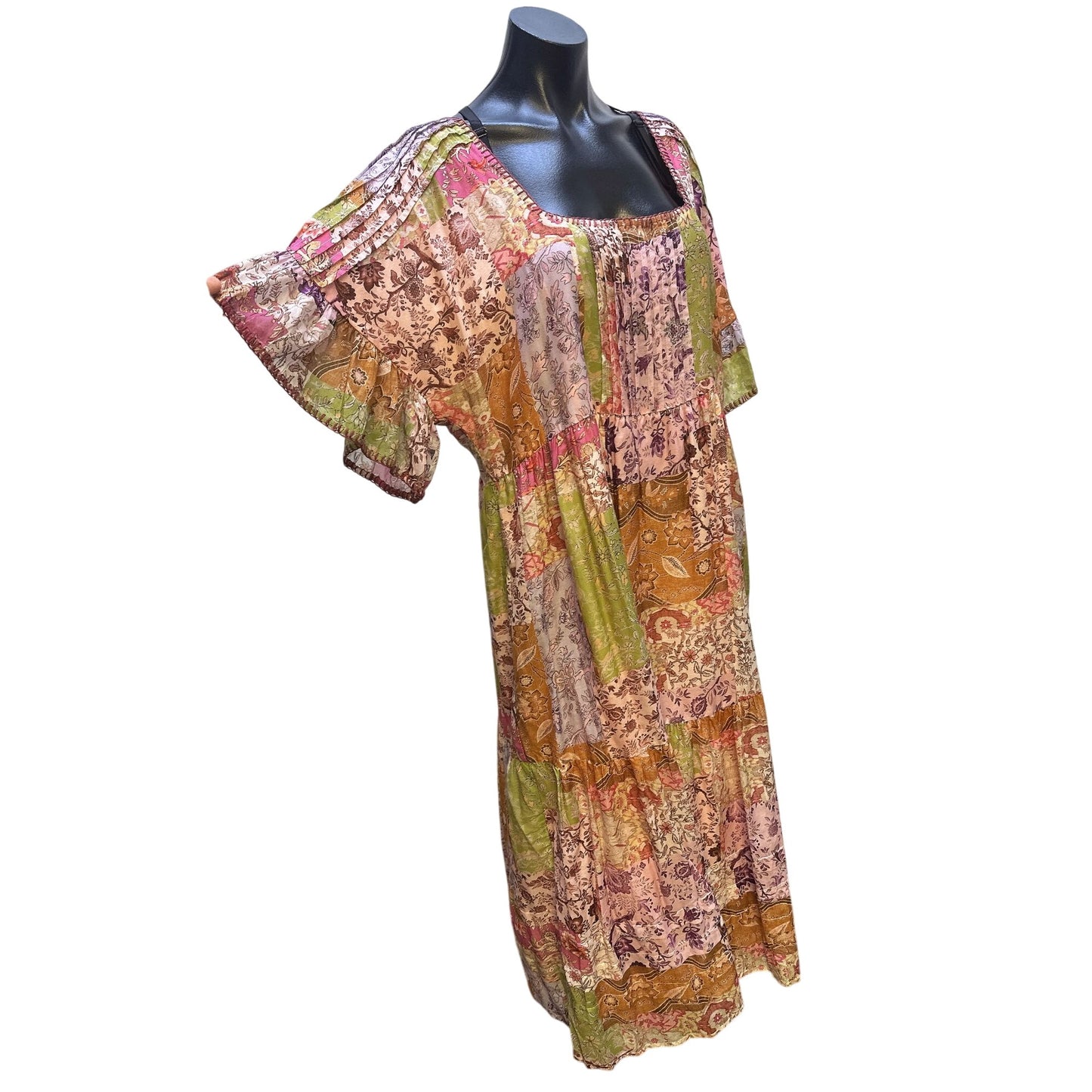Johnny Was Boho Multicolor Floral Patchwork Maxi Dress w/Flutter Sleeves Size L