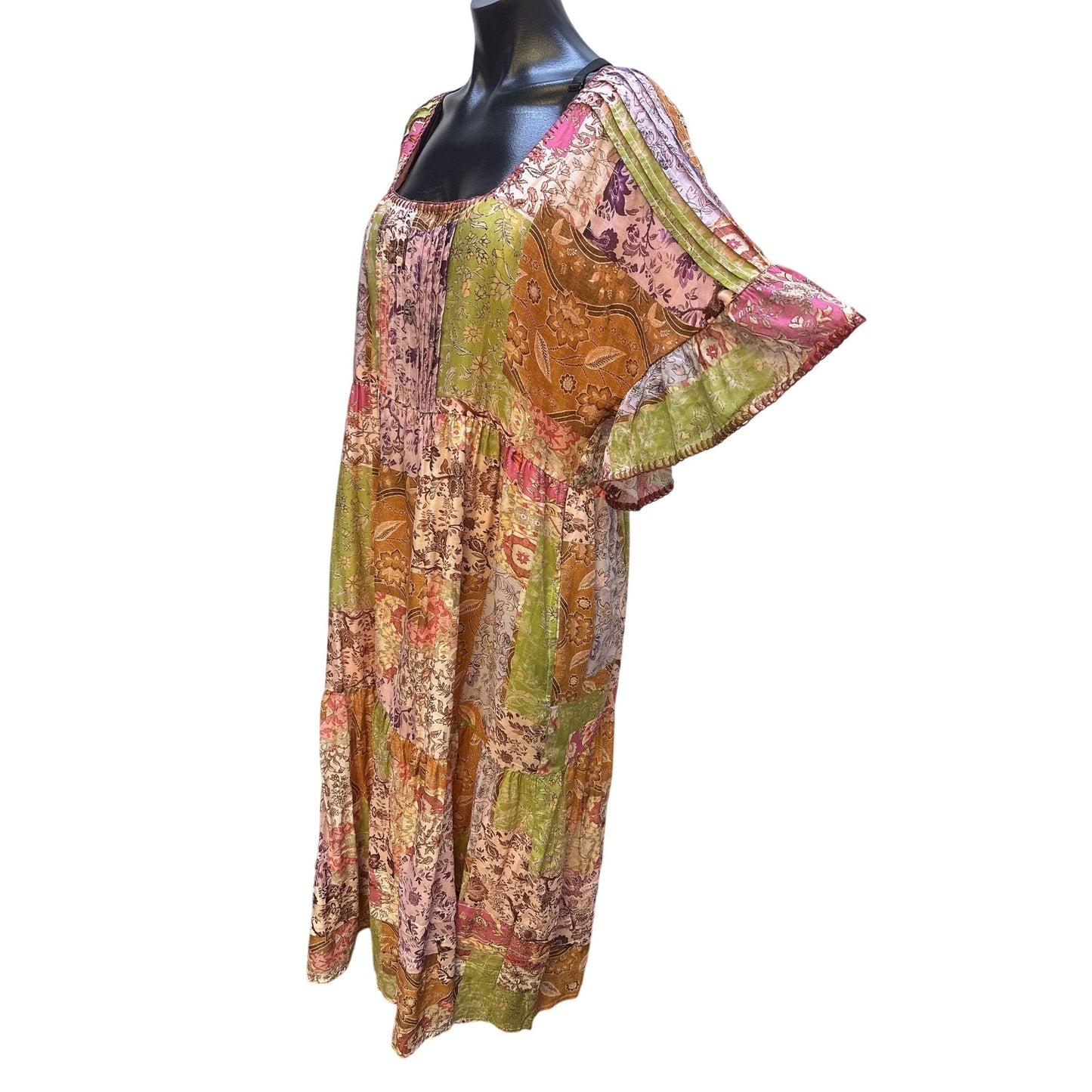 Johnny Was Boho Multicolor Floral Patchwork Maxi Dress w/Flutter Sleeves Size L