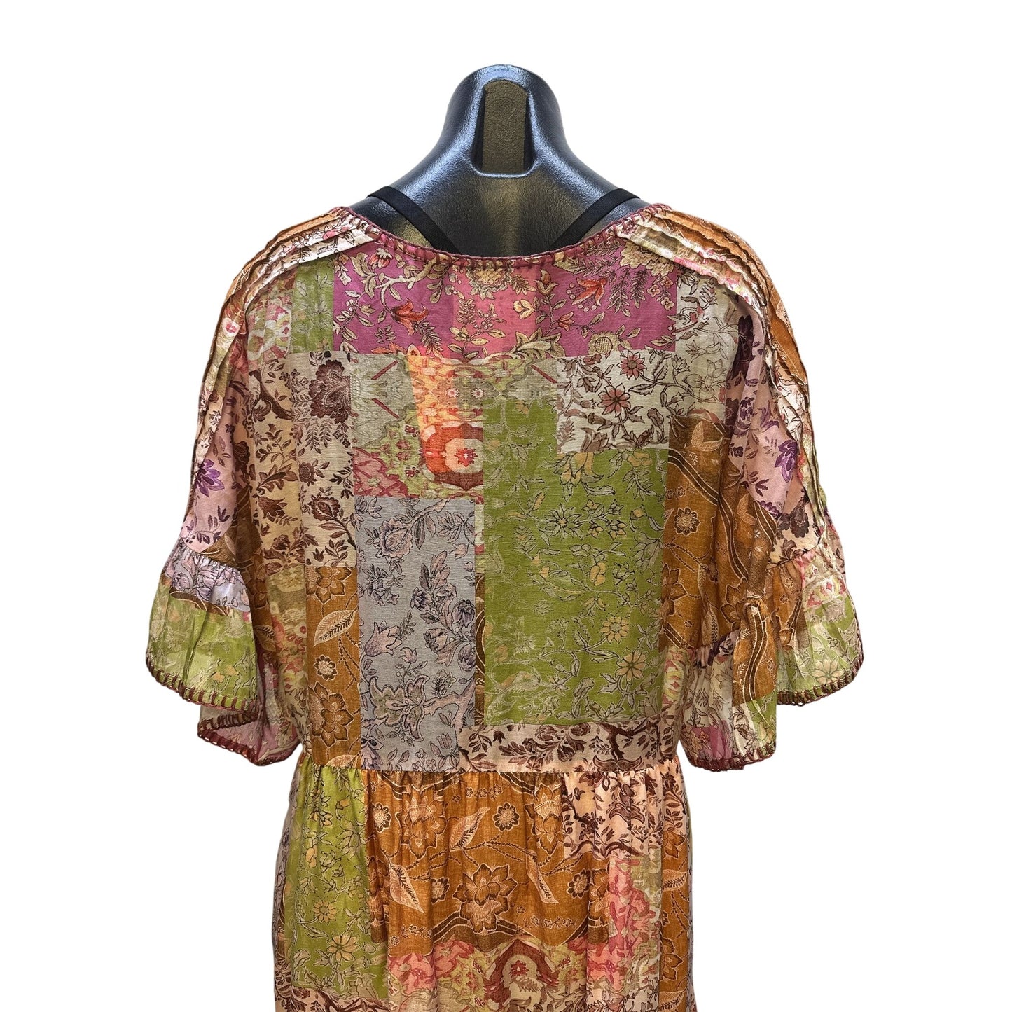 Johnny Was Boho Multicolor Floral Patchwork Maxi Dress w/Flutter Sleeves Size L