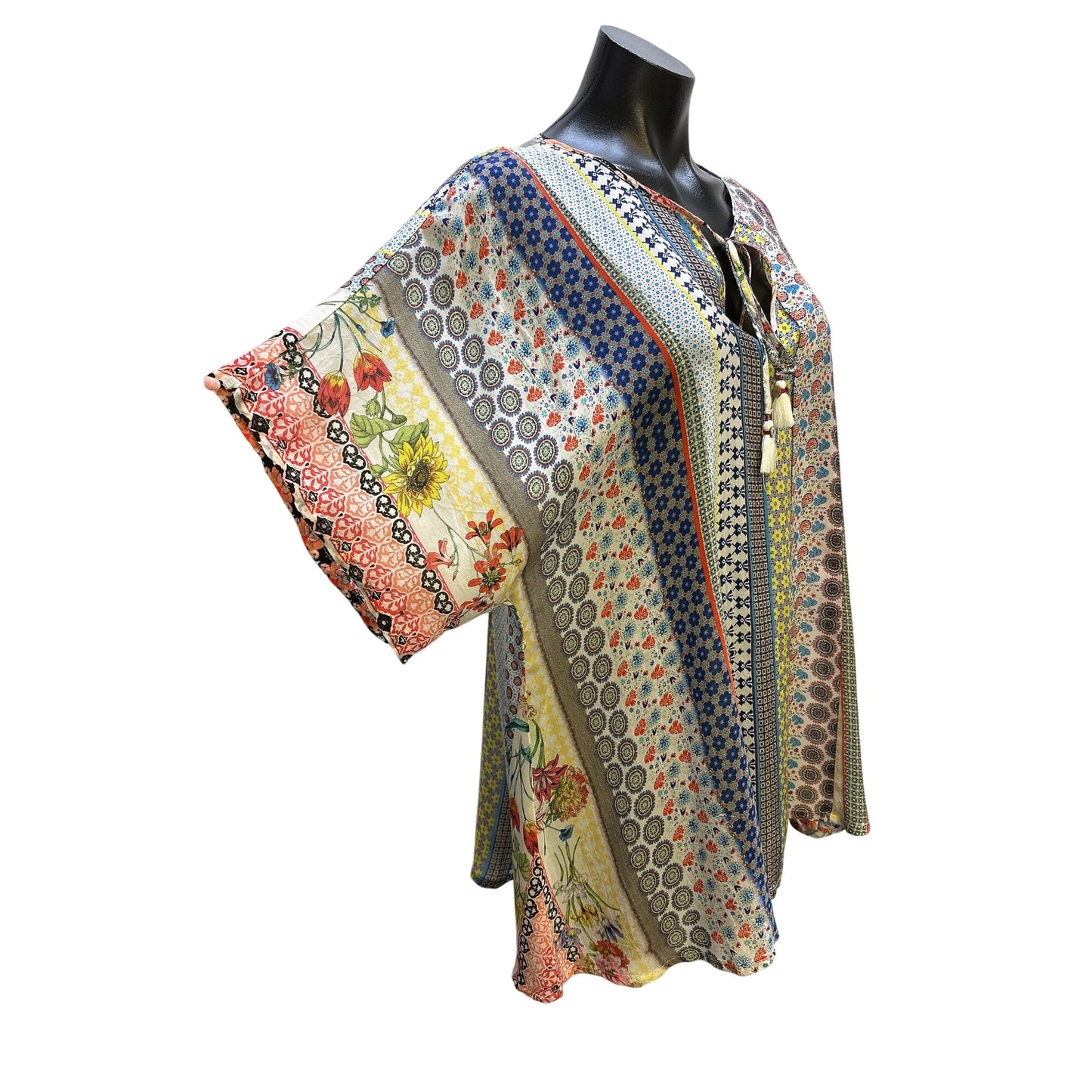 Johnny Was Multicolor Floral & Geometric Print Boho Tunic Blouse Size M