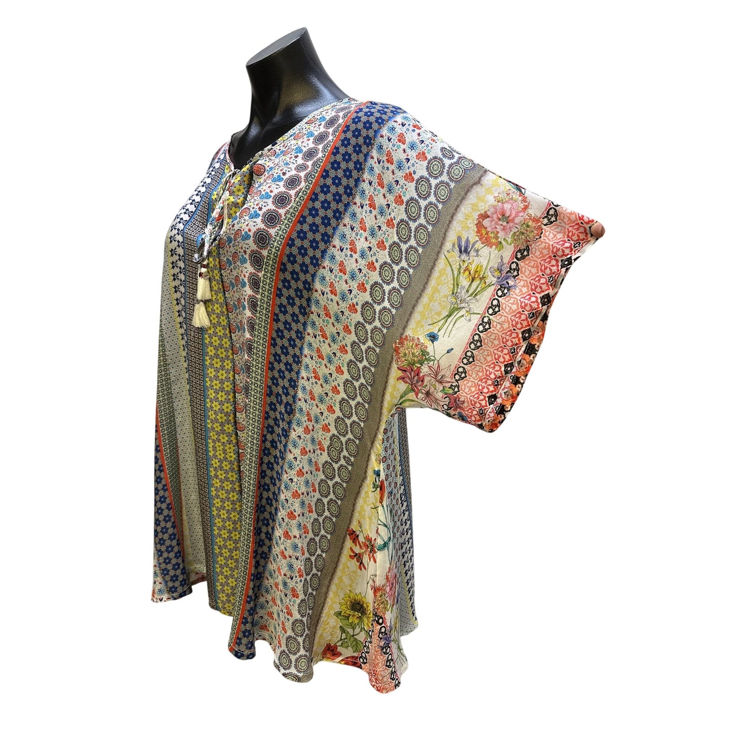 Johnny Was Multicolor Floral & Geometric Print Boho Tunic Blouse Size M