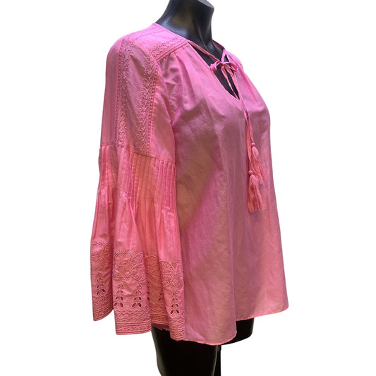 Kobi Halperin Pink Blouse With Embroidered Bell Sleeves, Size Small