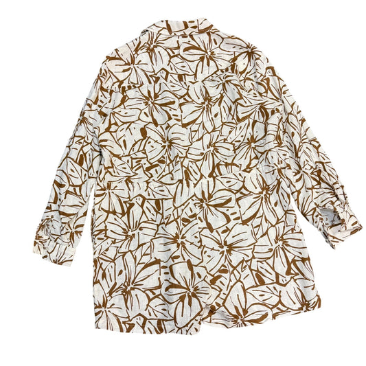 Magaschoni Linen Brown & White Floral Print Long-Sleeve Romper S
